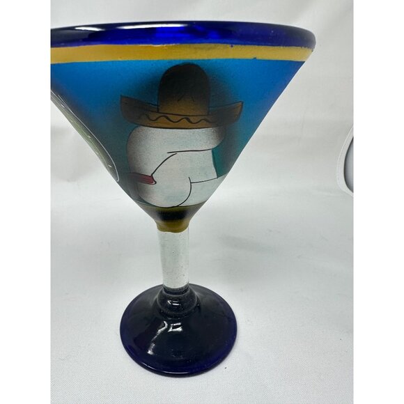 2 Hand-Painted Mexican Blown Glass Margarita Glasses Cactus Sleeping Man  Blue - Picture 7 of 16